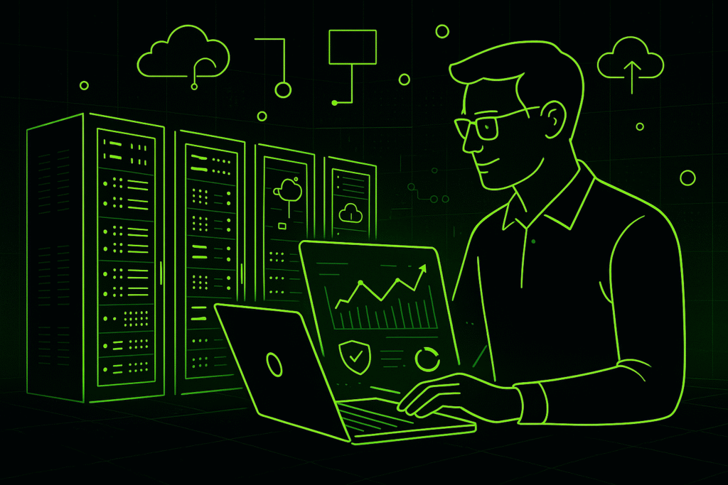 Business owner managing servers with glowing green interface.