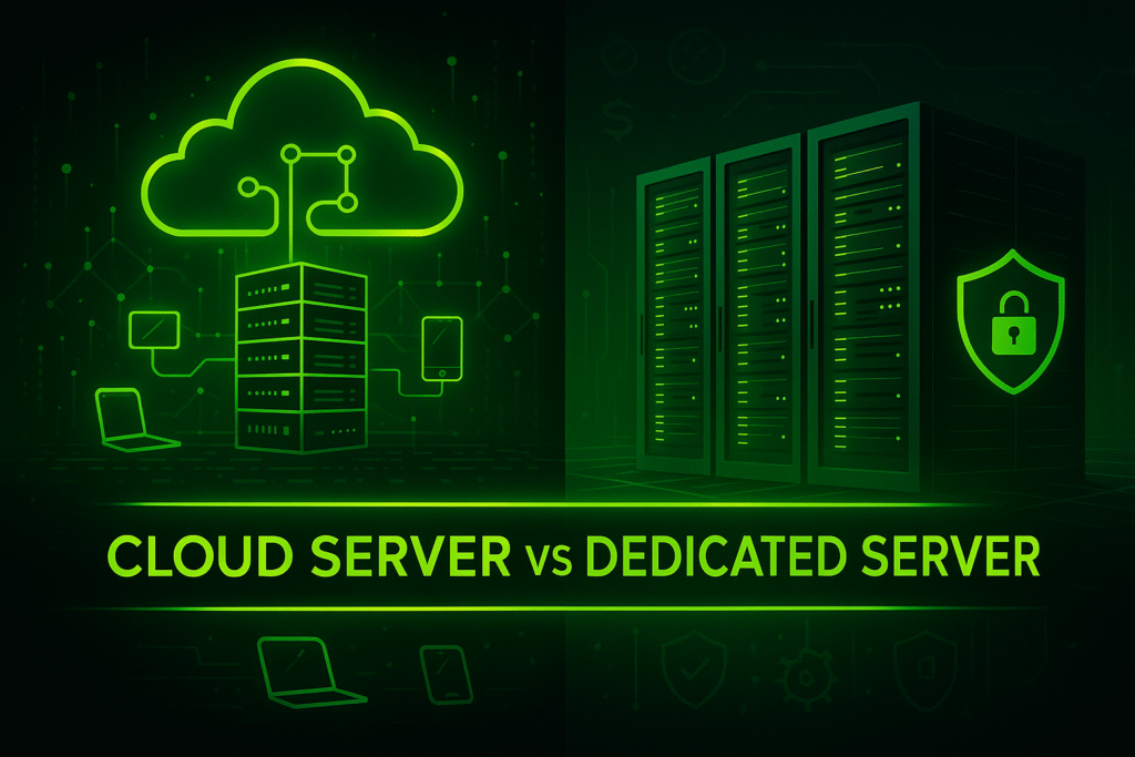 Cloud Server vs Dedicated Server comparison in neon green on black background.