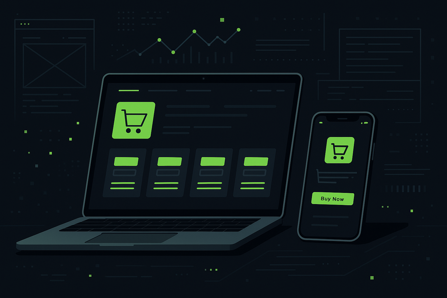 E-commerce website on laptop and smartphone screens.