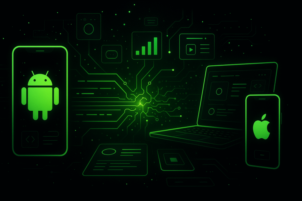 AI-generated illustration of cross platform app development with glowing code connecting Android, iOS, and laptop interfaces on a black background
